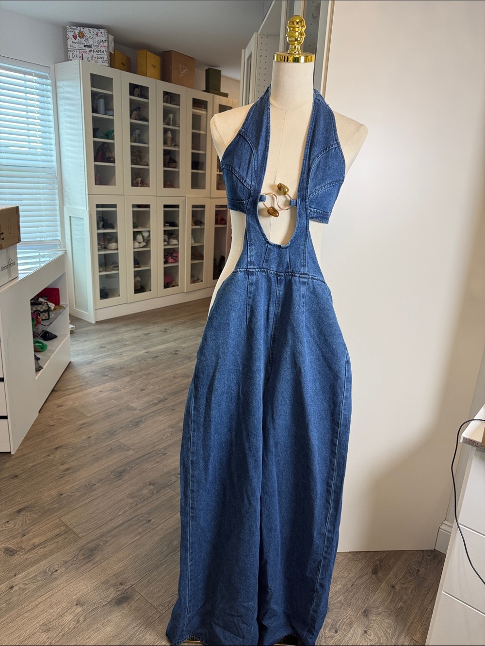 Denim Halter Wide-Leg Jeans - Indigo Blue